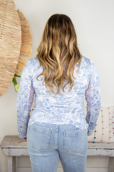Blue & White Floral Geo Quarter Zip Top, back