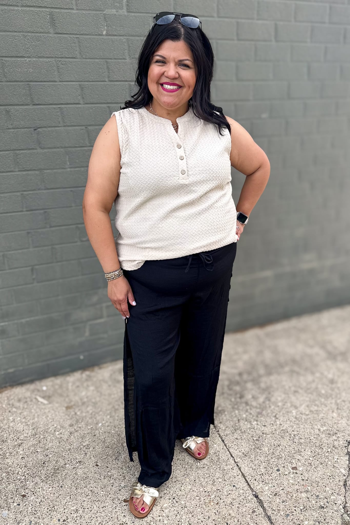 Beige Textured Henley Sleeveless Top Styled