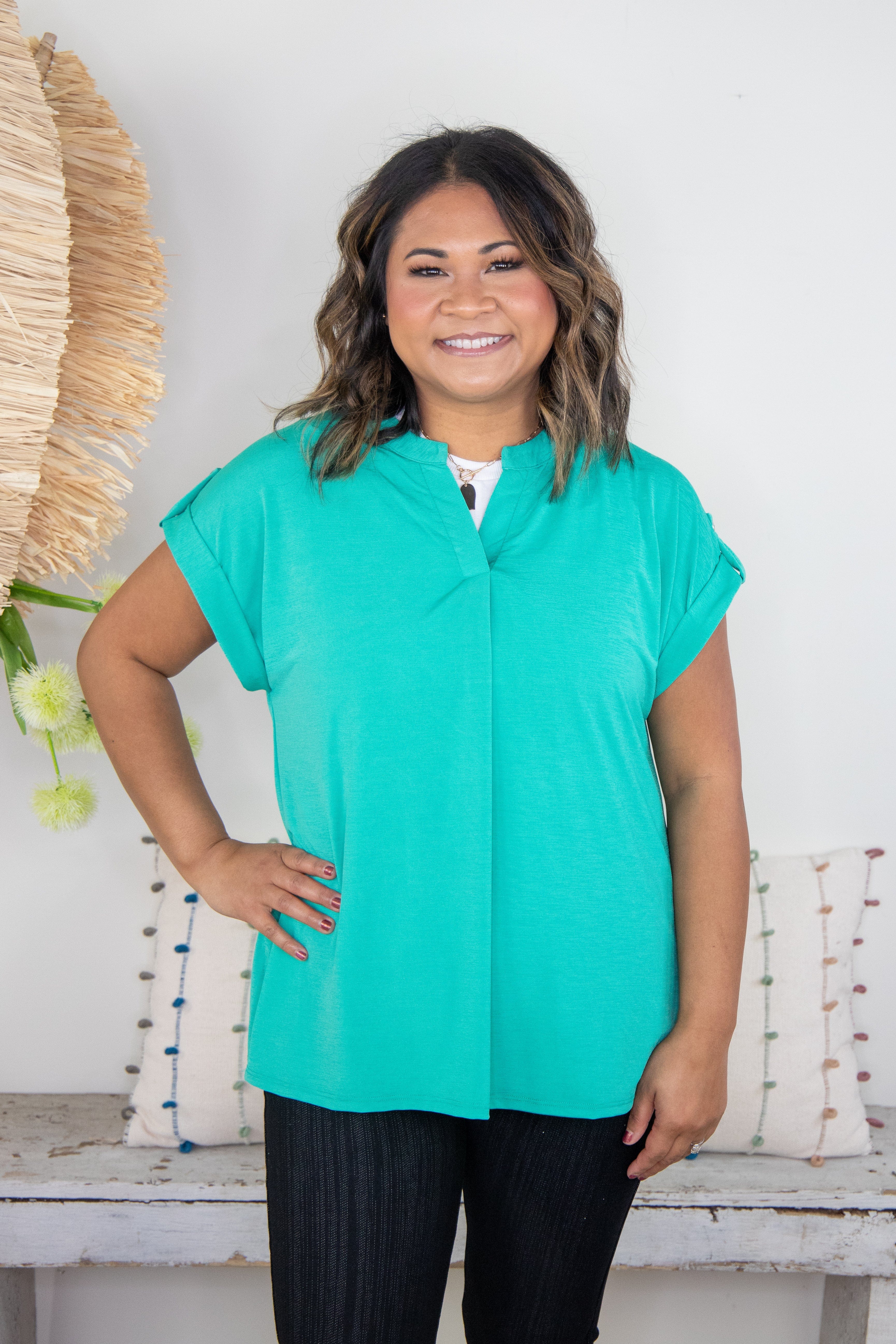 Emerald Button Cuffed Sleeve Top