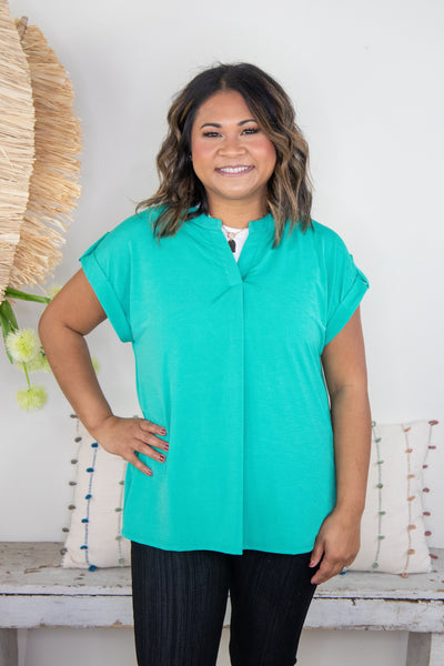 Emerald Button Cuffed Sleeve Top