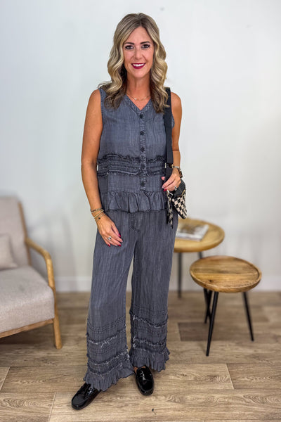 Black Chambray Tiered Ruffle Vest Styled