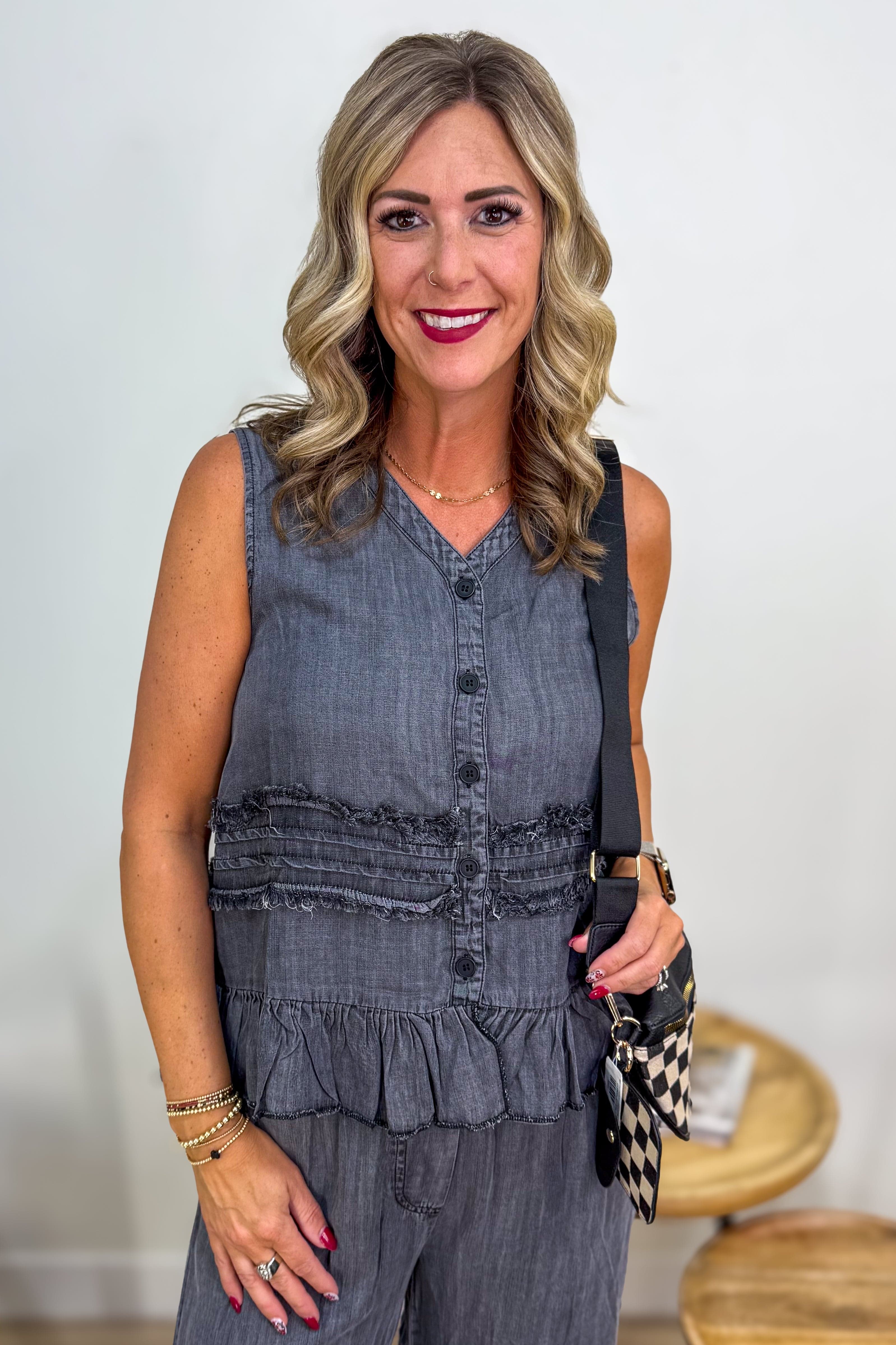 Black Chambray Tiered Ruffle Vest