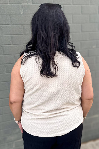 Beige Textured Henley Sleeveless Top Back