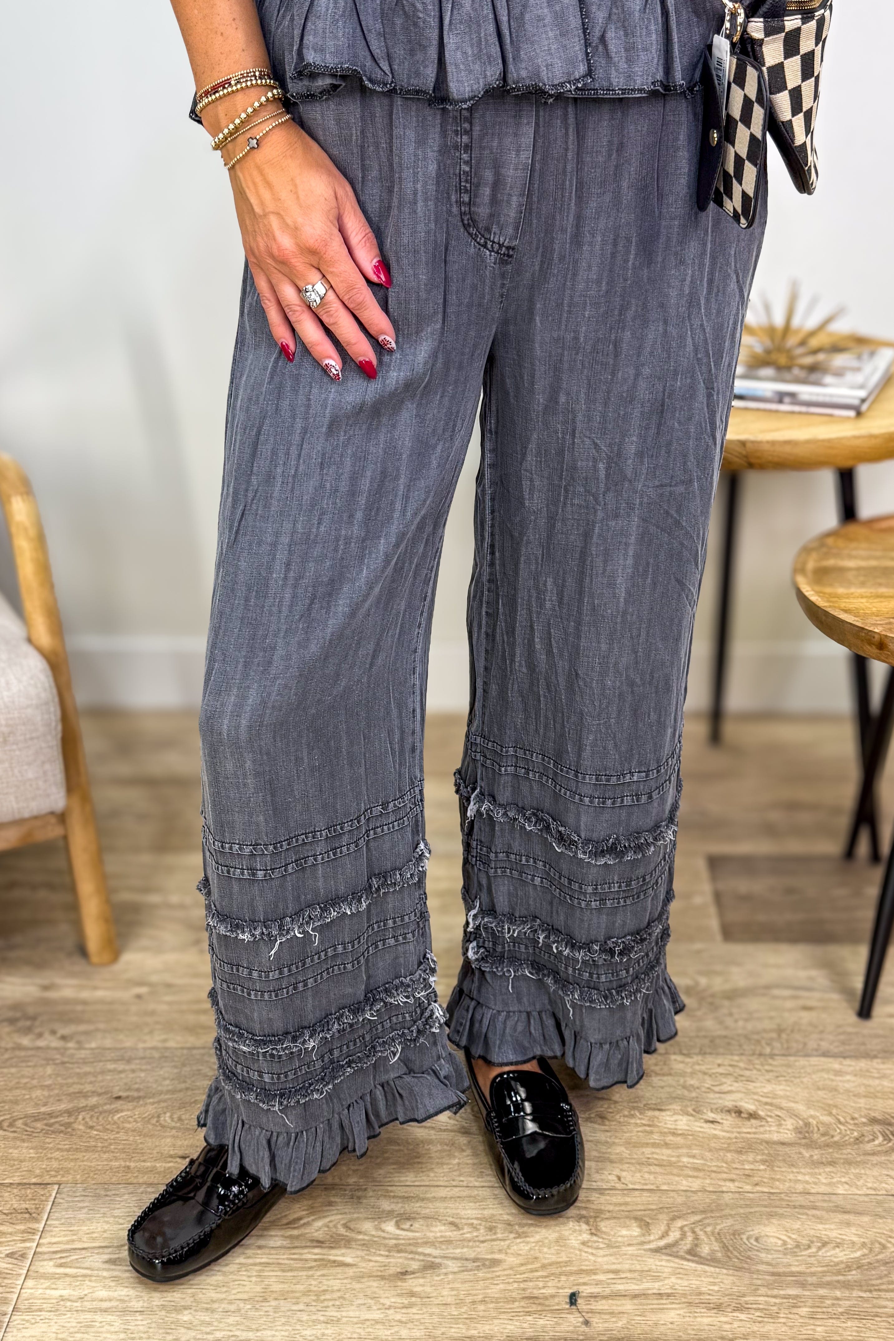 Black Chambray Palazoo Ruffle Pant