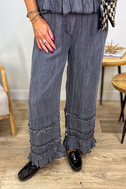 Black Chambray Palazoo Ruffle Pant