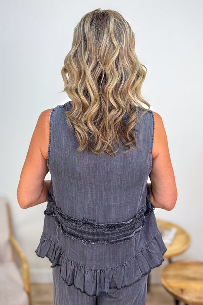 Black Chambray Tiered Ruffle Vest Back