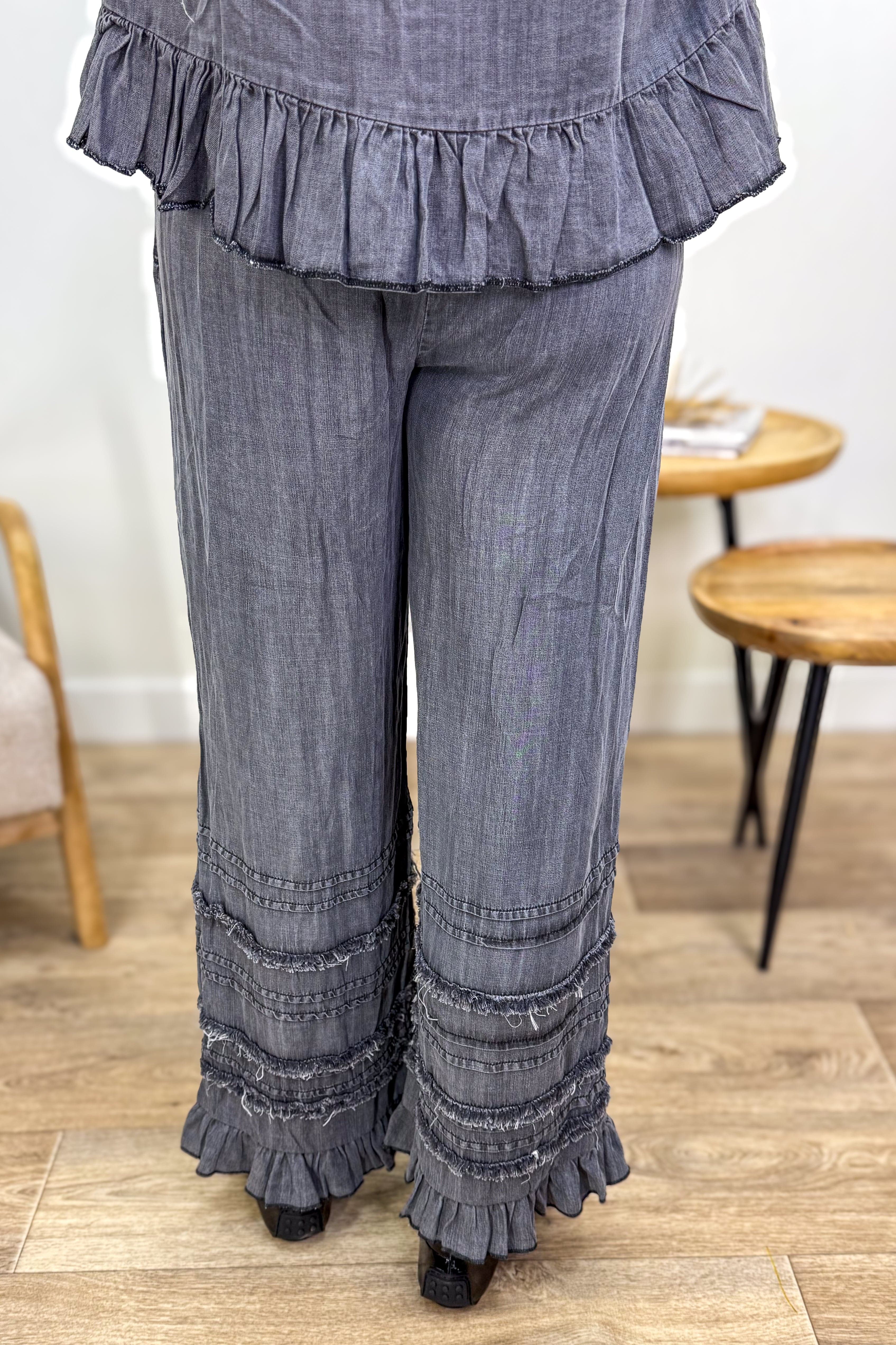 Black Chambray Palazoo Ruffle Pant
