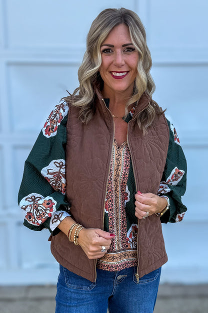 Brown Side Slit Quilted Vest