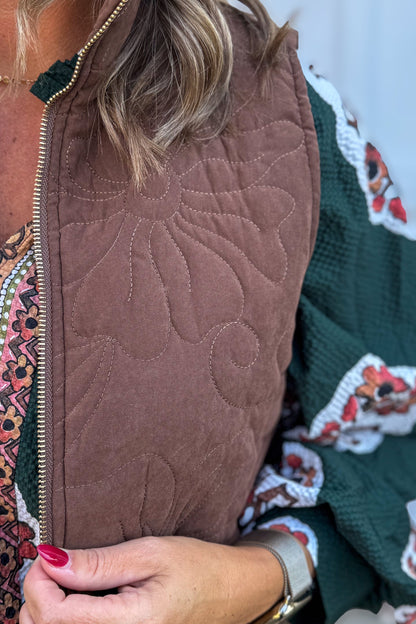 Brown Side Slit Quilted Vest Detailed
