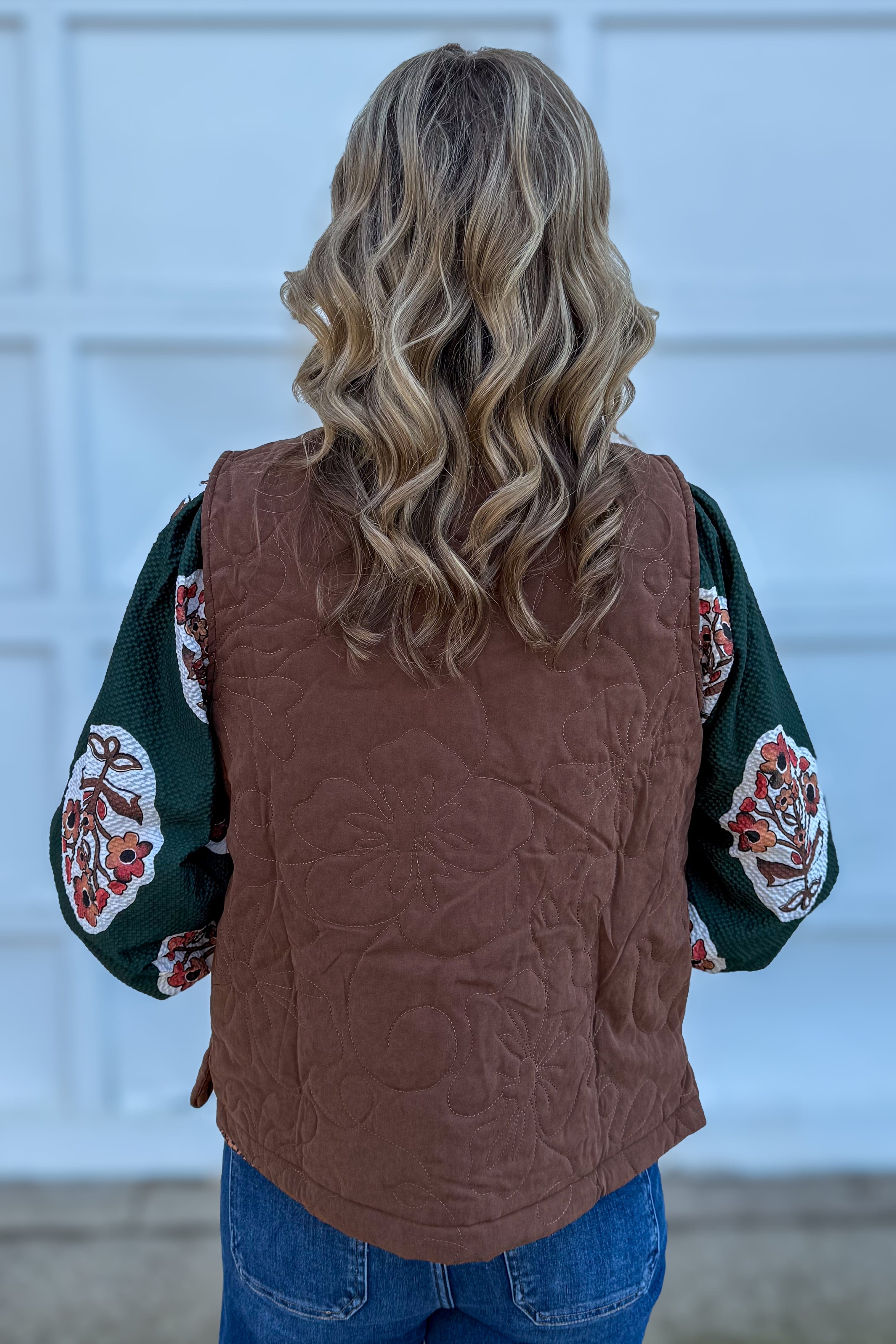 Brown Side Slit Quilted Vest Back