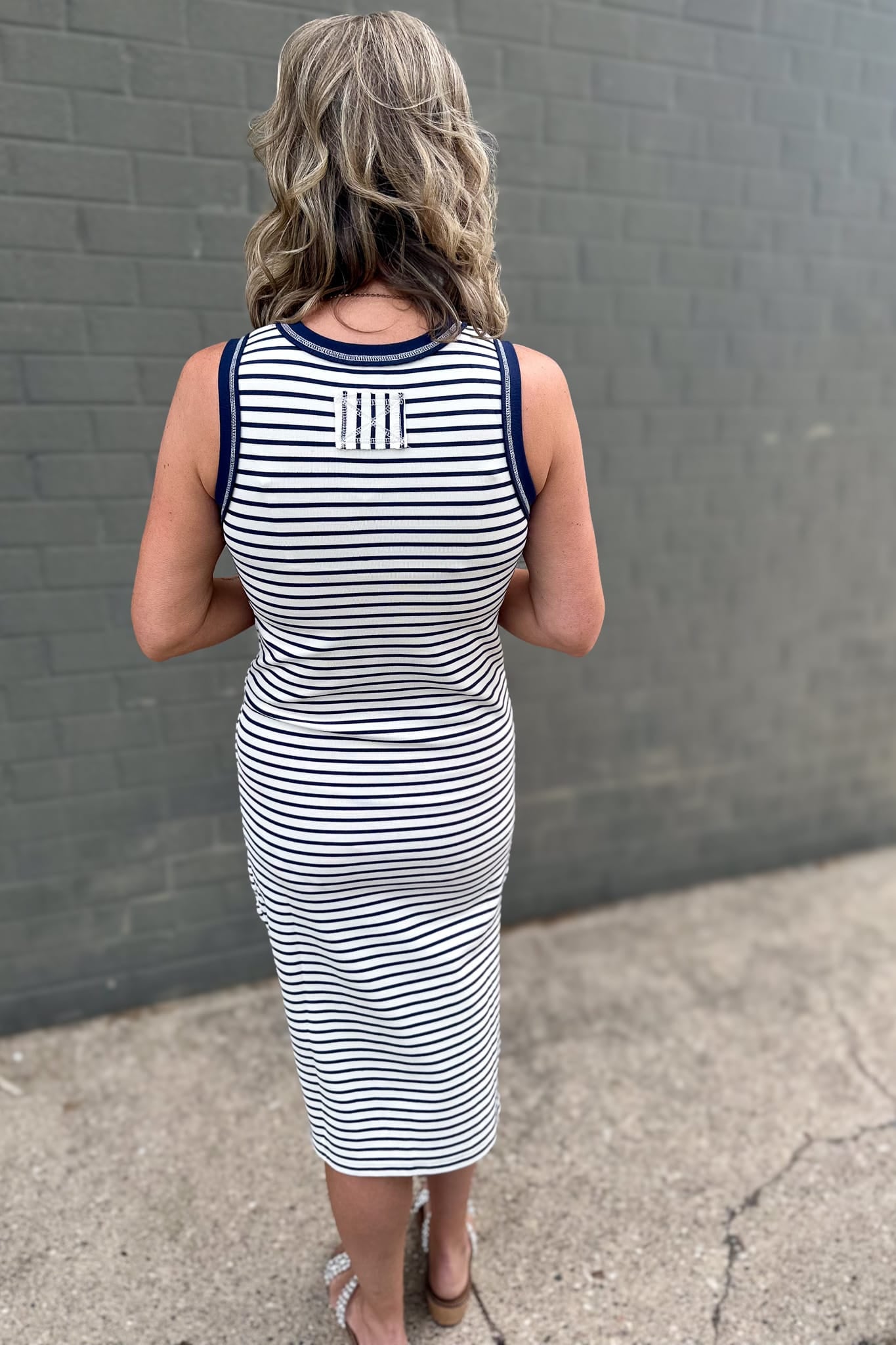Navy Stripe Contrast Midi Dress Back