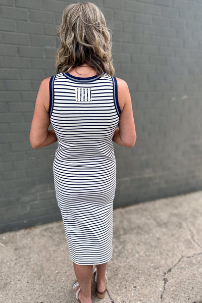 Navy Stripe Contrast Midi Dress Back