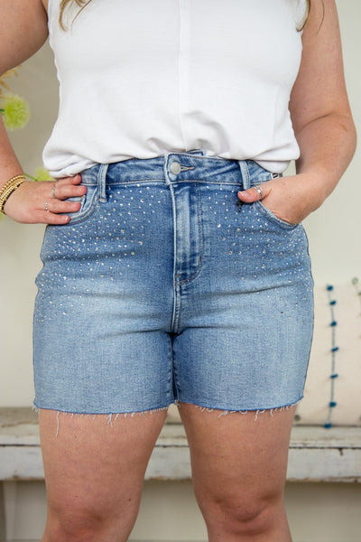Rhinestone Cut Off Denim Shorts