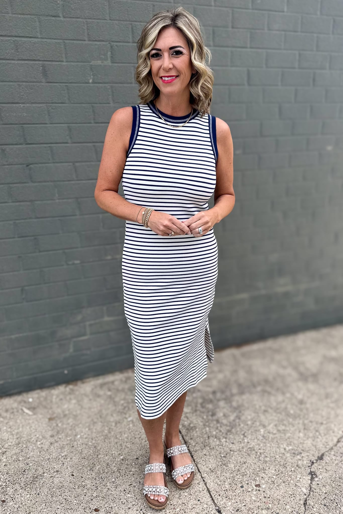 Navy Stripe Contrast Midi Dress