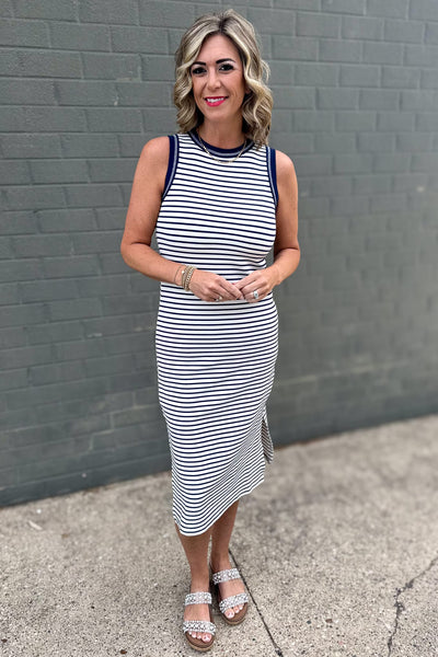 Navy Stripe Contrast Midi Dress