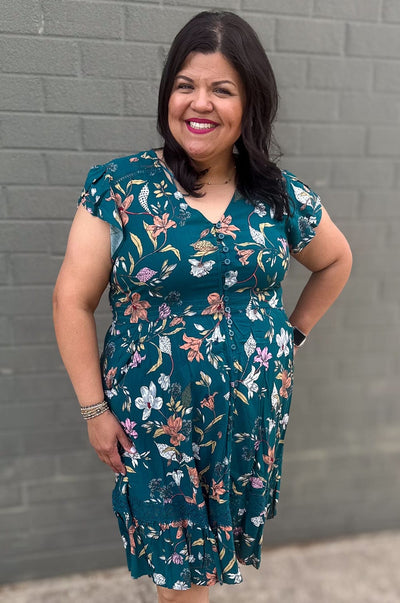 Teal Floral Lace Inset Dress