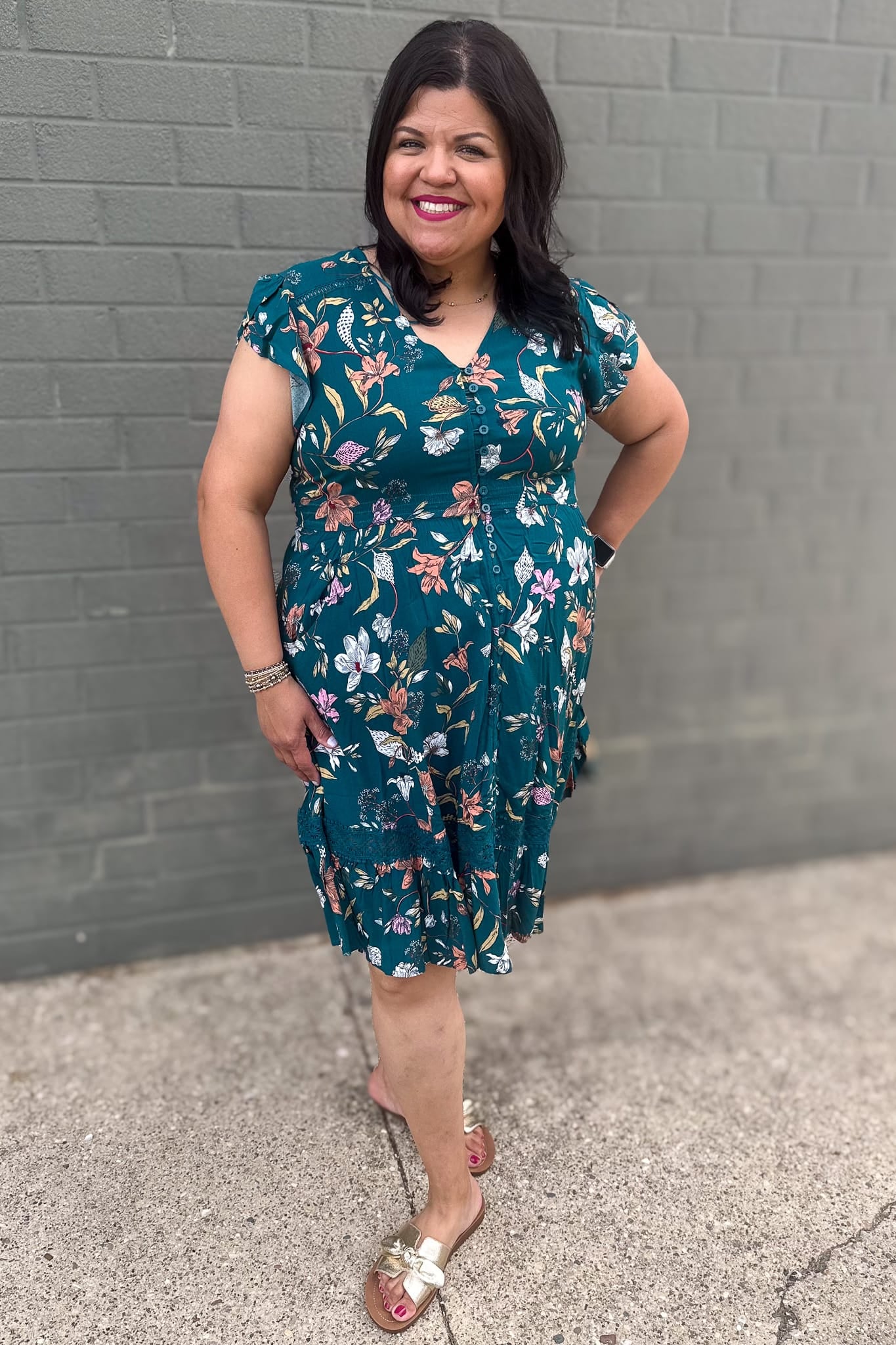 Teal Floral Lace Inset Dress Styled