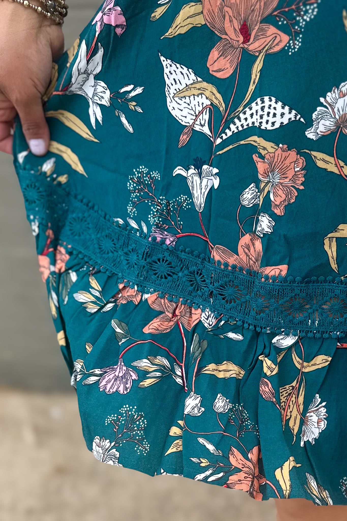 Teal Floral Lace Inset Dress detailed