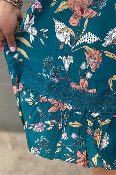 Teal Floral Lace Inset Dress detailed