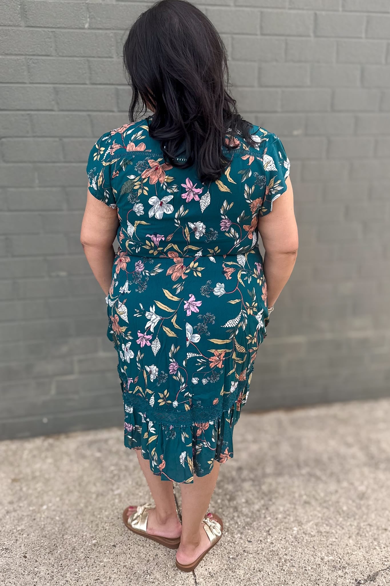 Teal Floral Lace Inset Dress Back