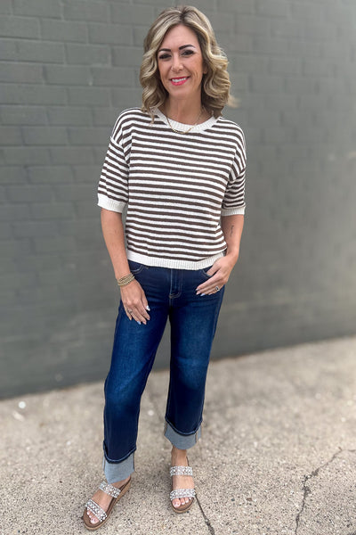 Brown Stripe Contrast Hem Top Styled
