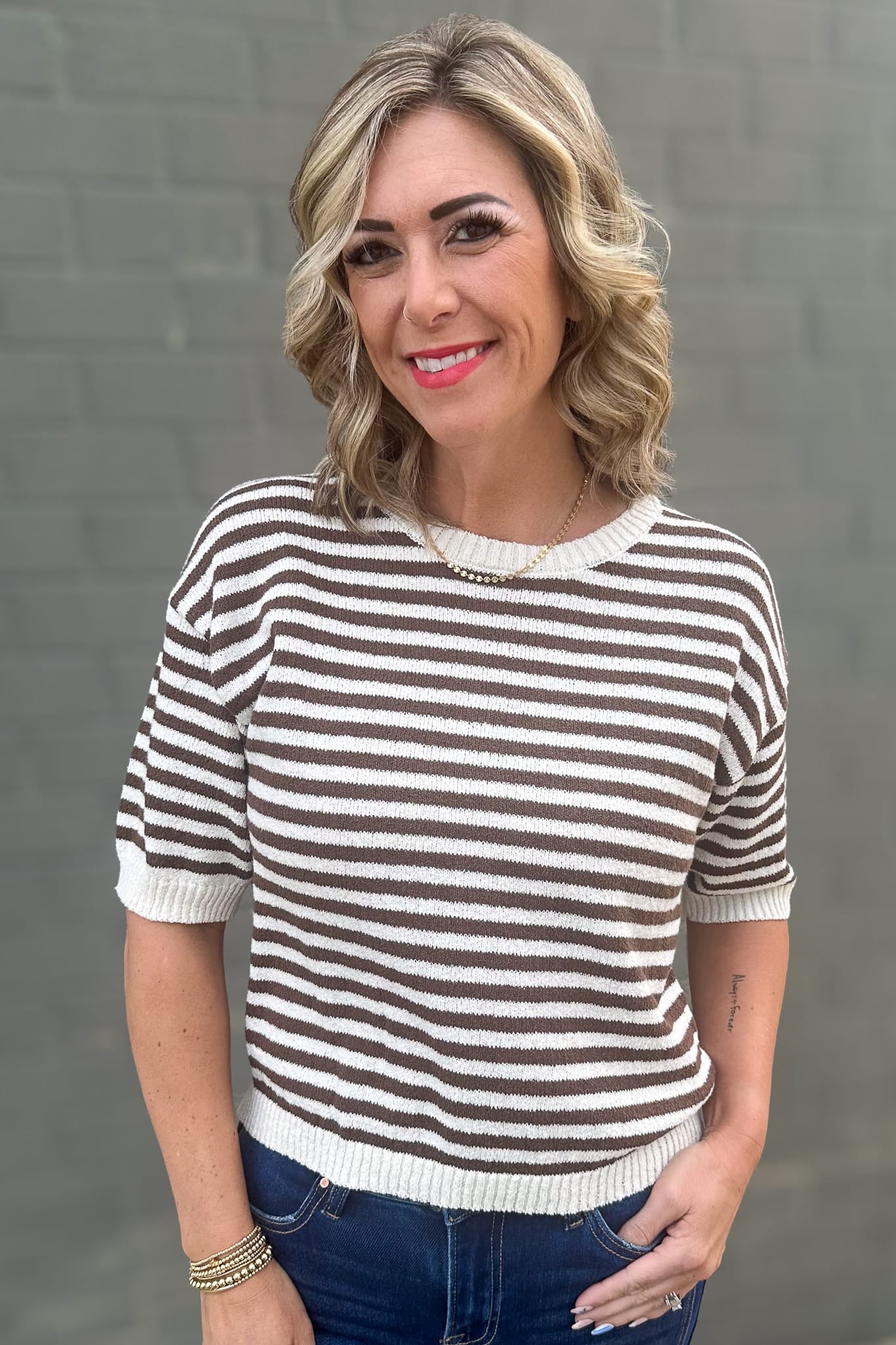 Brown Stripe Contrast Hem Top