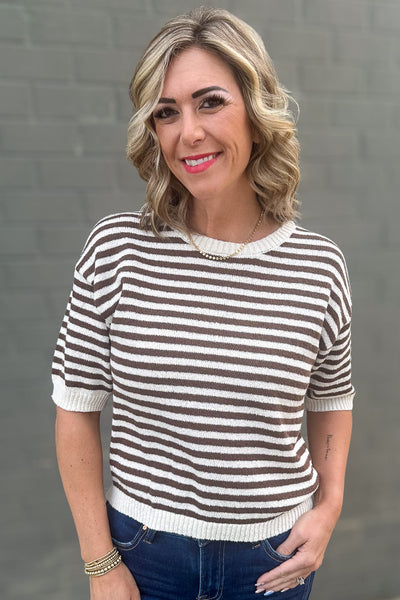 Brown Stripe Contrast Hem Top