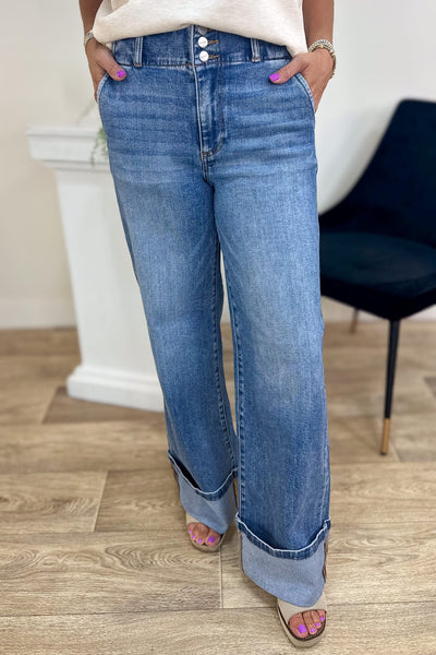 Medium High Rise Wide Leg Cuffed Hem Jean
