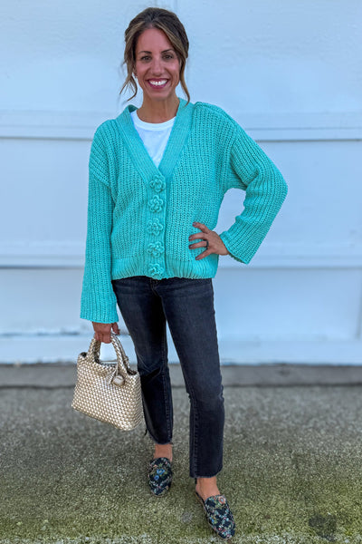 Aqua Chenille Floral Button Cardigan Syled