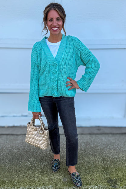 Aqua Chenille Floral Button Cardigan Syled