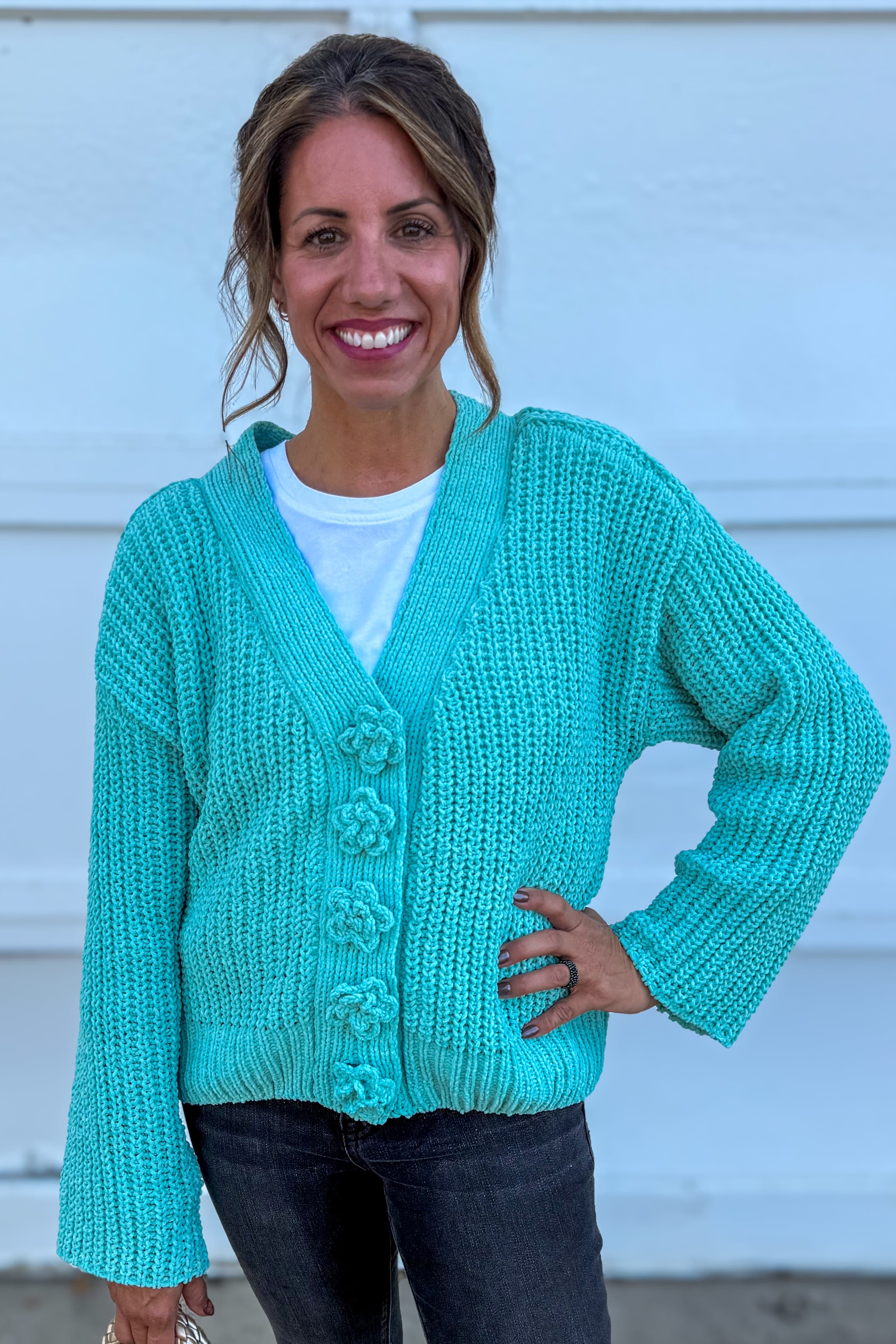 Aqua Chenille Floral Button Cardigan