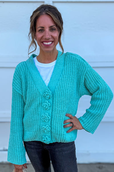 Aqua Chenille Floral Button Cardigan