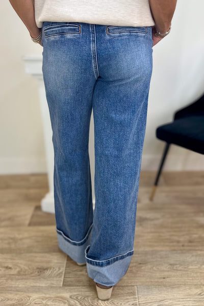 Medium High Rise Wide Leg Cuffed Hem Jean Back