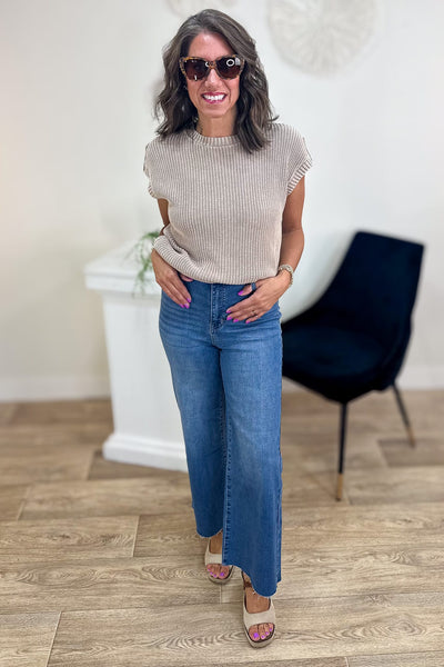 Khaki Acid Washed Tab Sleeve Knit Top