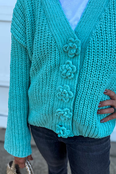 Aqua Chenille Floral Button Cardigan Detailed