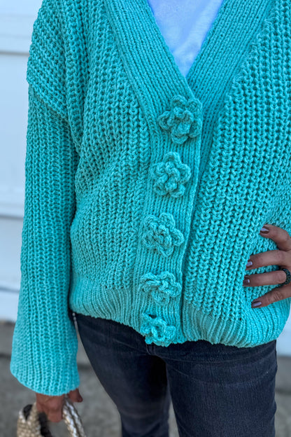 Aqua Chenille Floral Button Cardigan Detailed