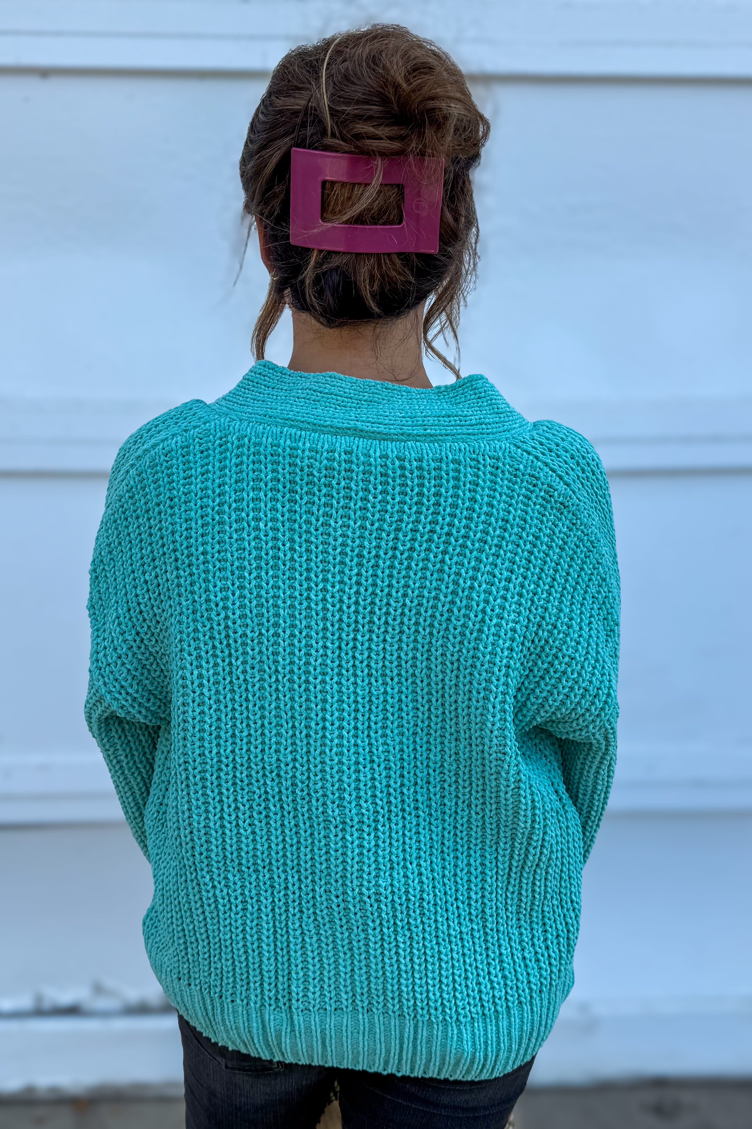 Aqua Chenille Floral Button Cardigan Back