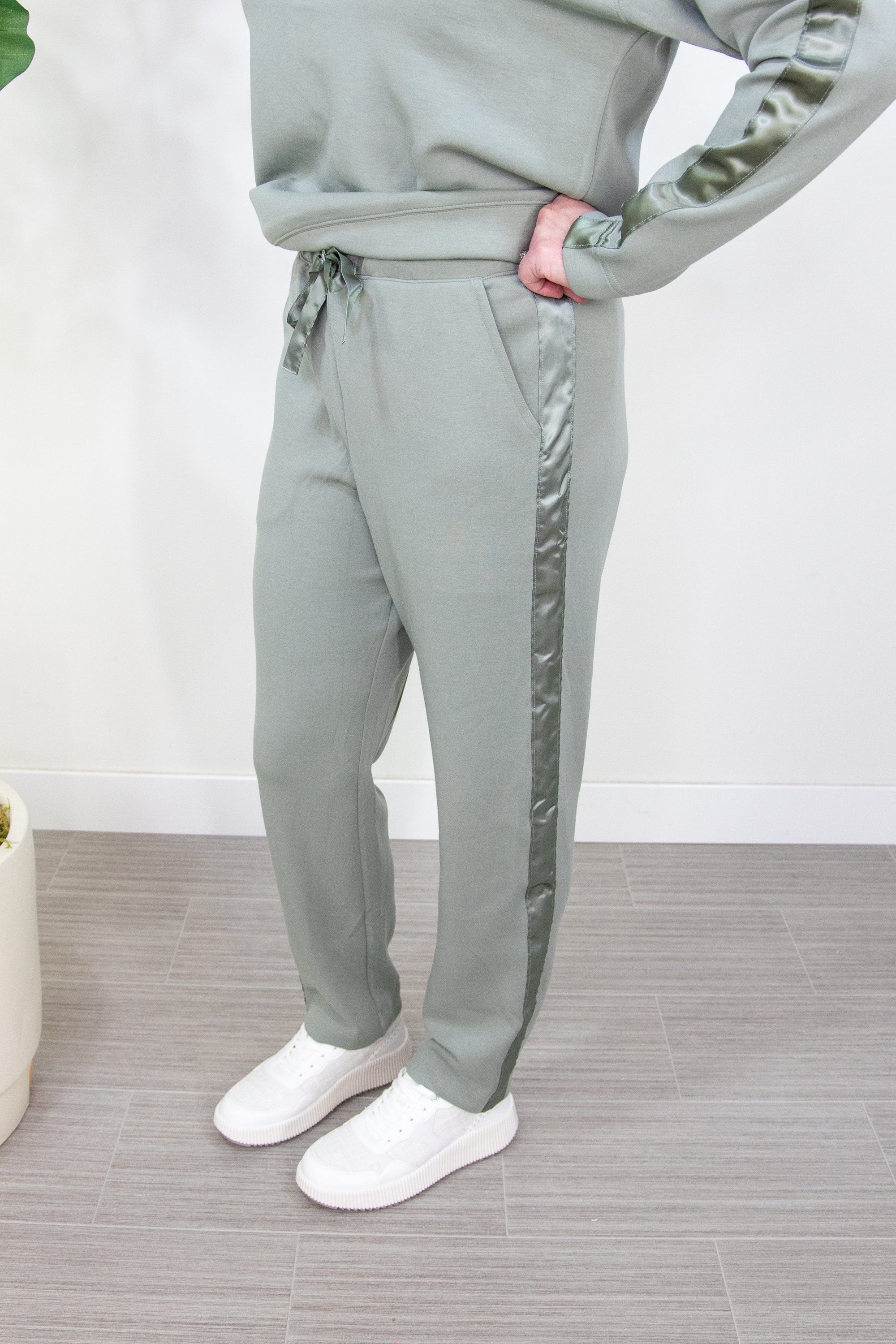 Dusty Sage Joggers with Side Satin Detail