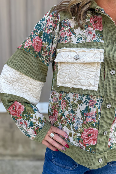 Olive Thermal & Floral Brocade Jacket Detailed