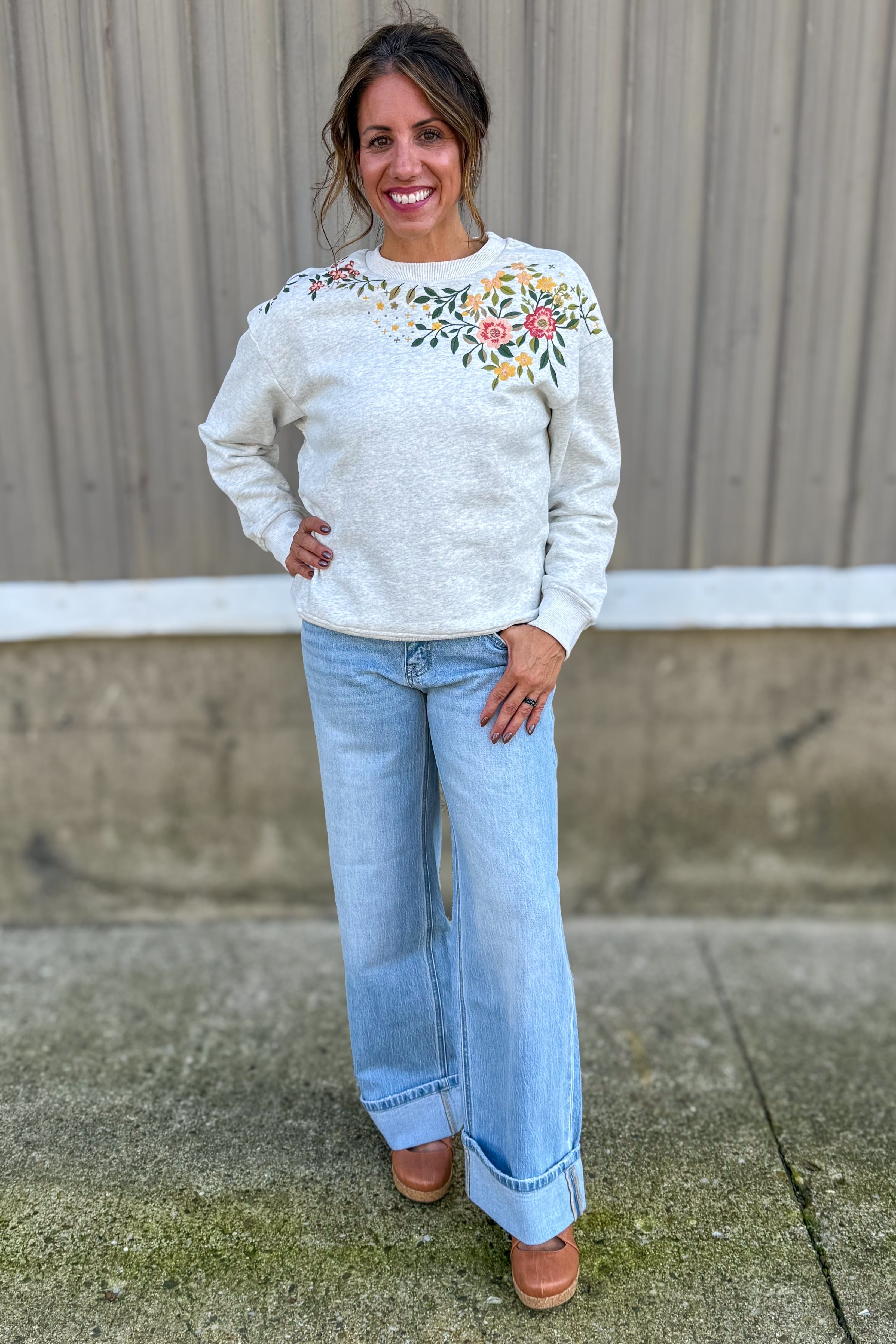 Grey Floral Embroidered Sweatshirt Styled