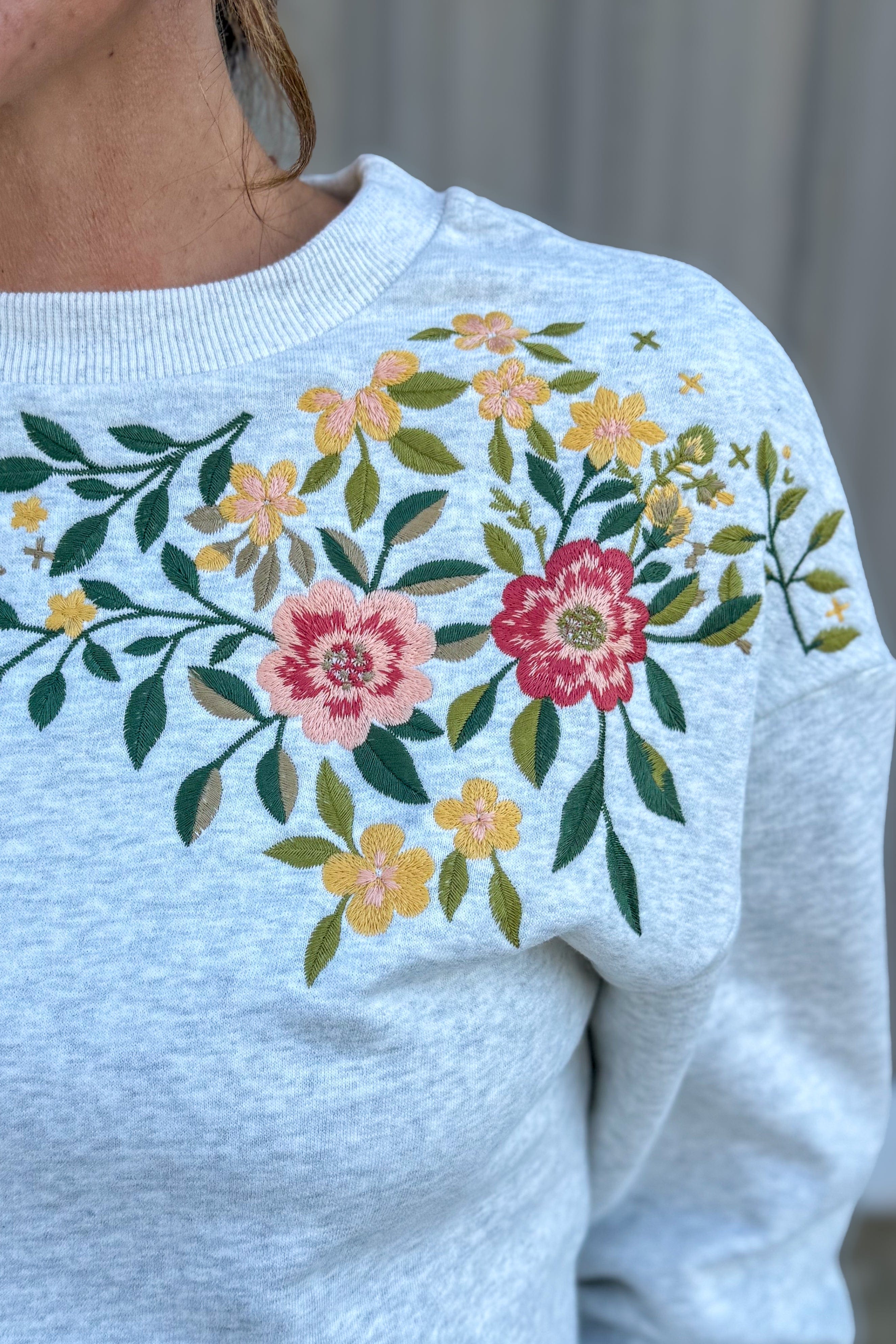 Grey Floral Embroidered Sweatshirt Detailed