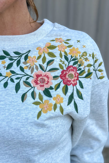 Grey Floral Embroidered Sweatshirt Detailed