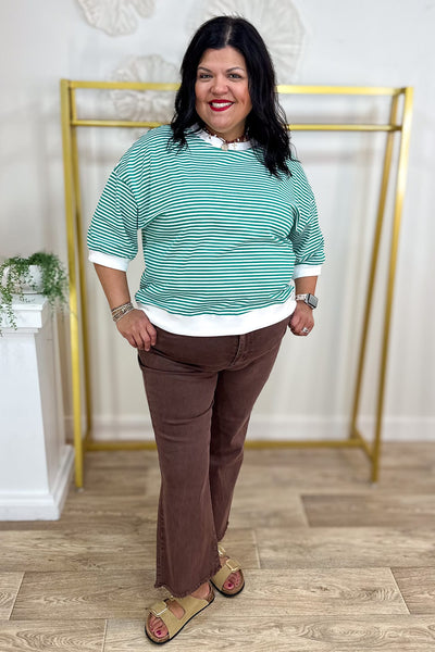 Kelly Green Stripped Contrast Trim Banded Top Styled