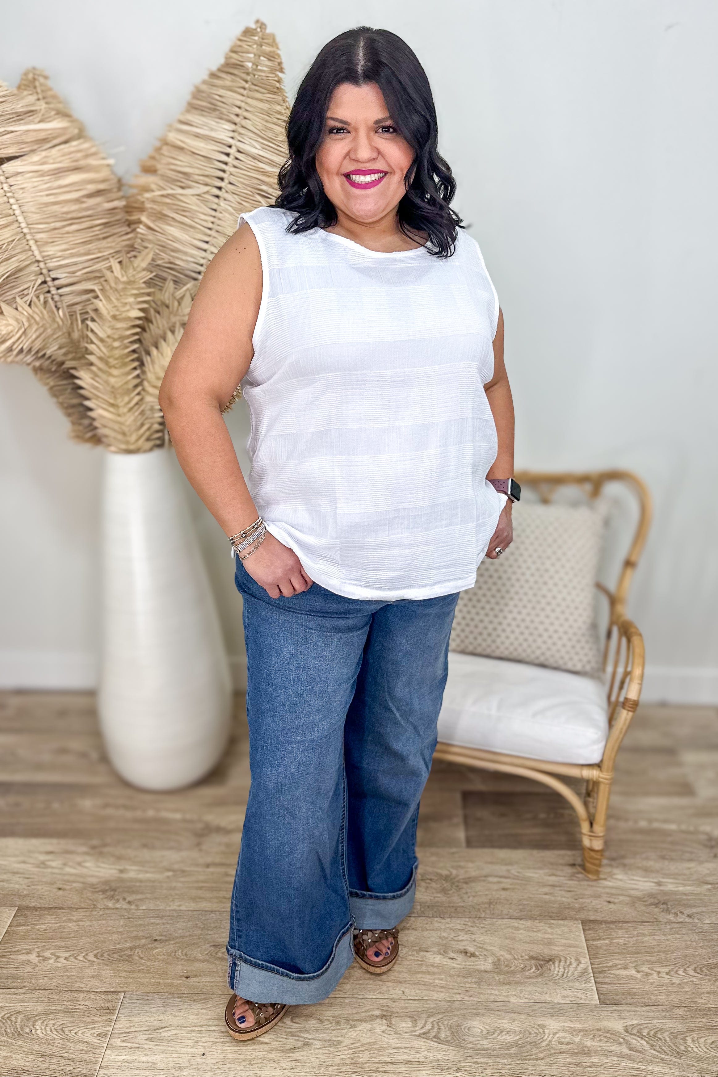 White Textured Tank Top styled