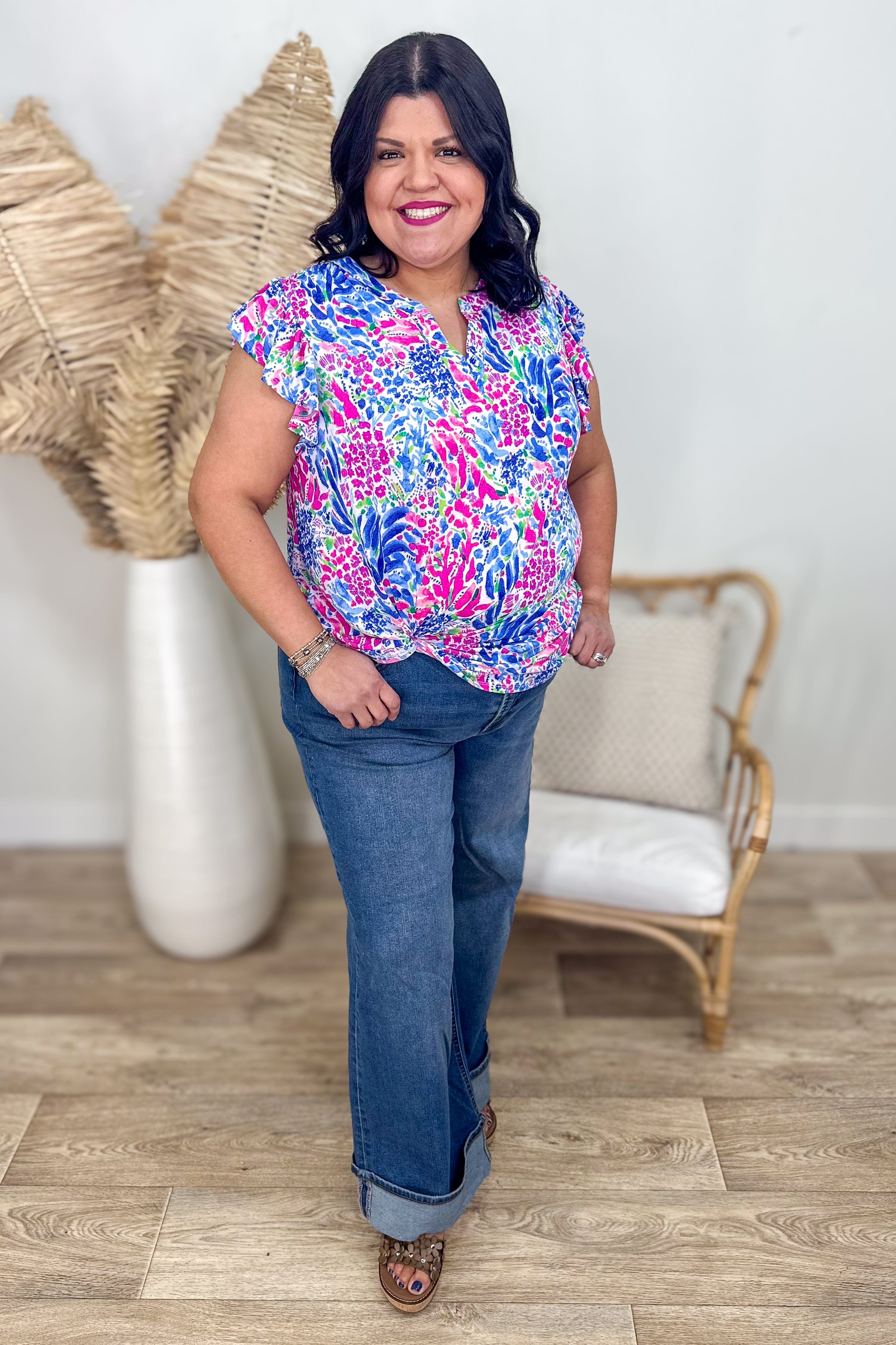 Blue & Pink Floral Ruffle Sleeve Top styled