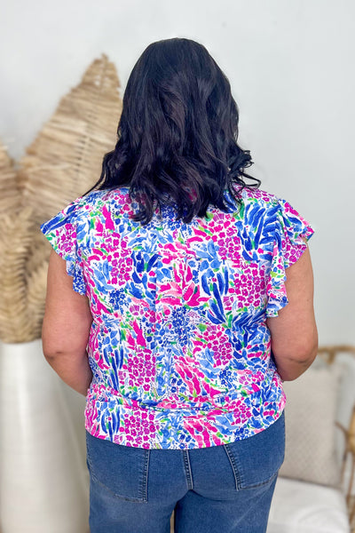 Blue & Pink Floral Ruffle Sleeve Top back