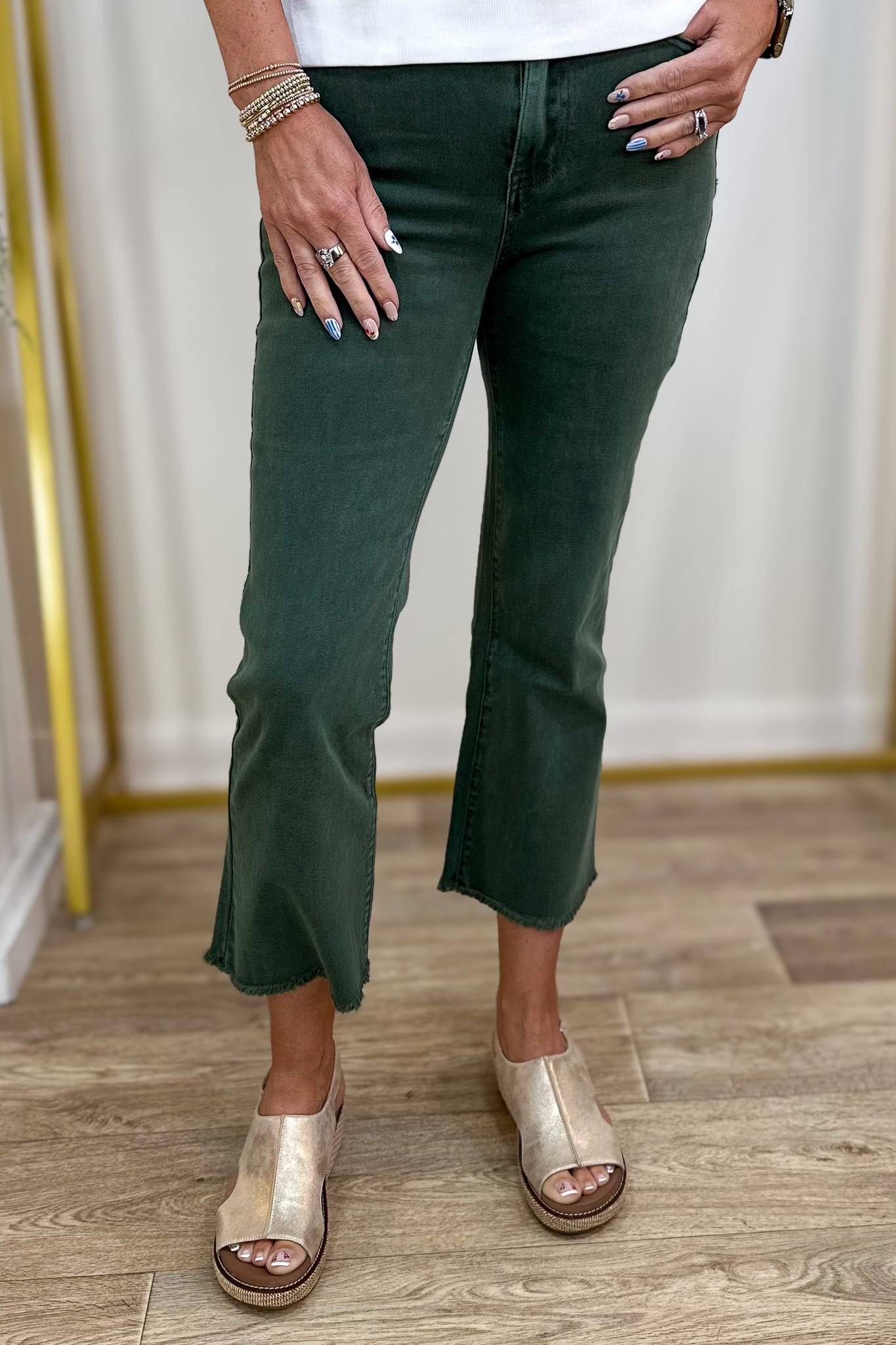 Dark Olive Acid Wash Crop Denim