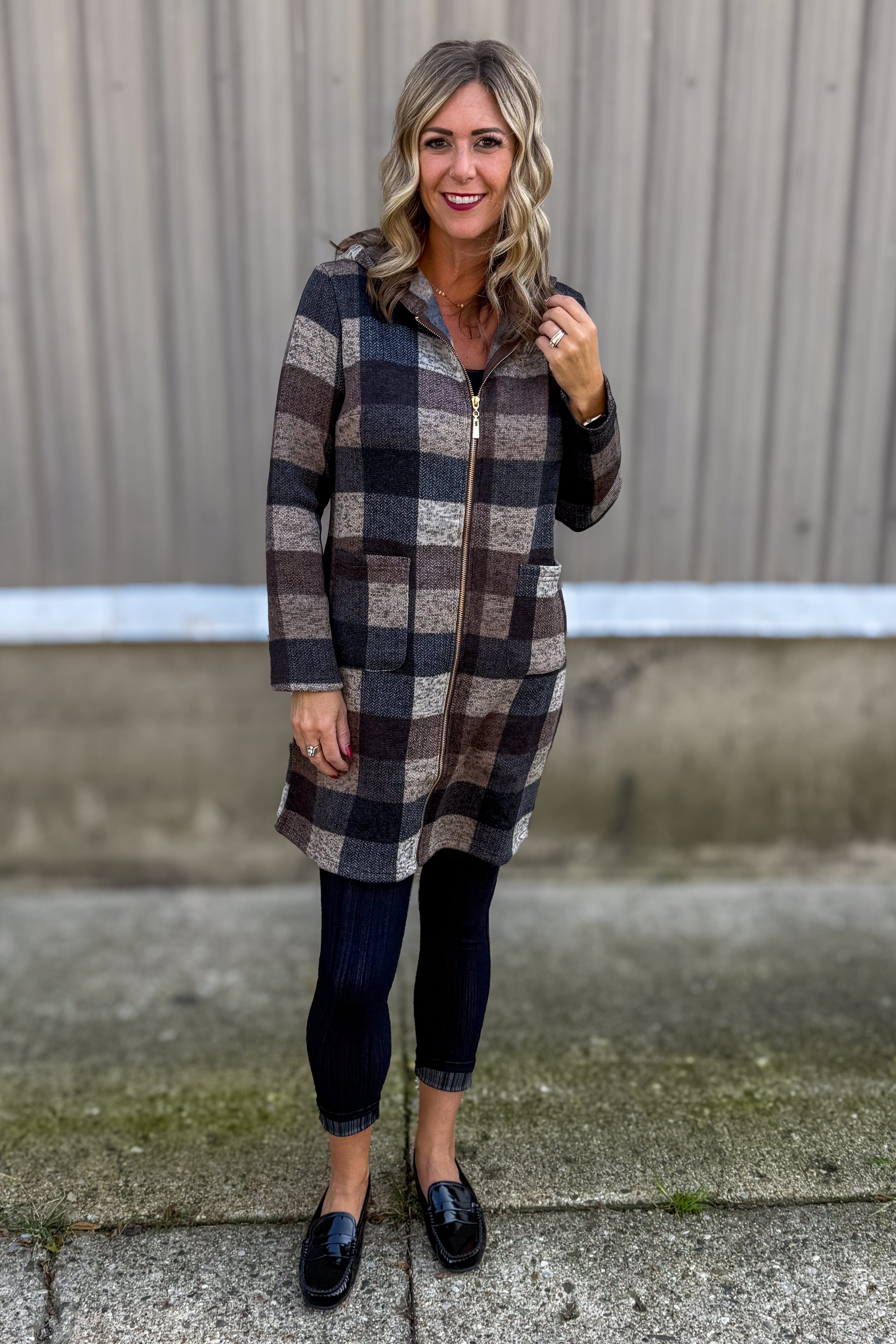 Brown Plaid Knit Hooded Jacket Styled