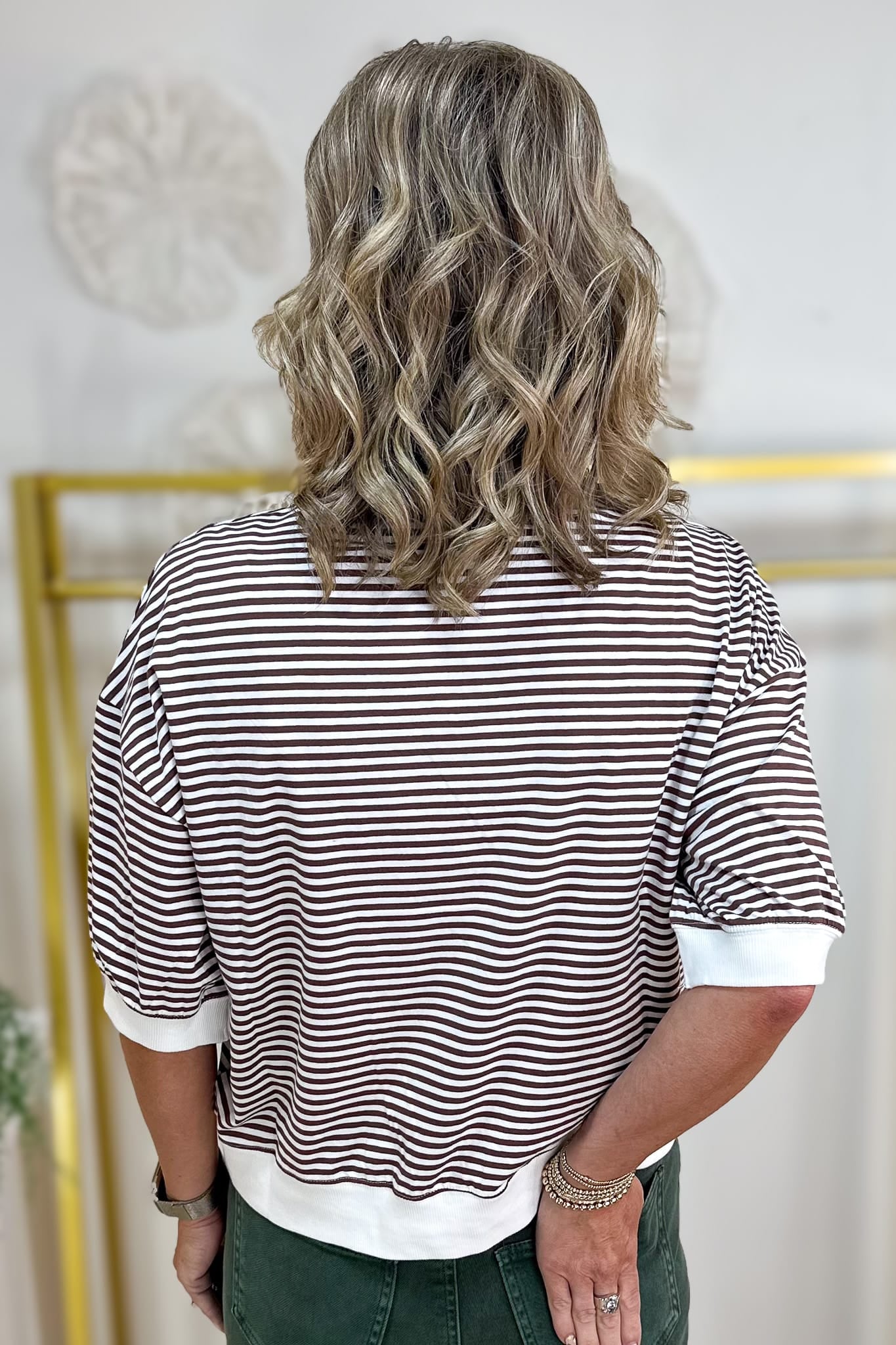 Brown Stripped Contrast Trim Banded Top Back