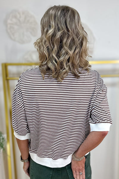 Brown Stripped Contrast Trim Banded Top Back